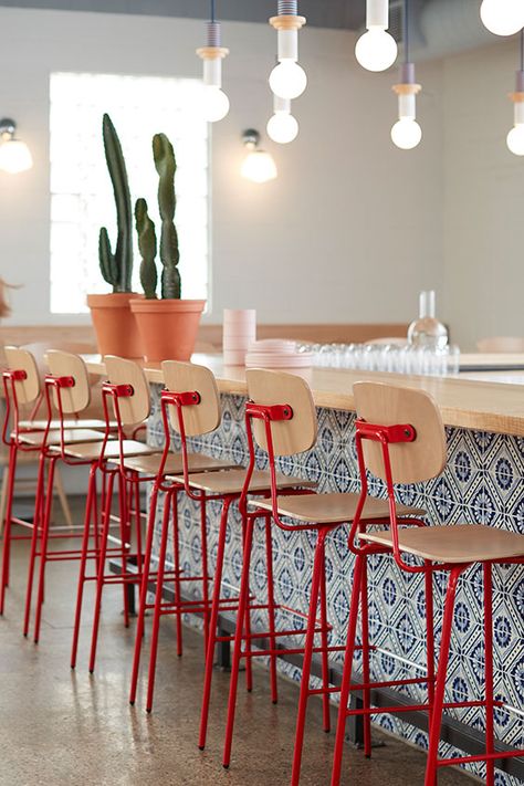 Colorful furniture was a big trend in 2019, and it made it's way into some of our favorite restaurant installations. See more by downloading the 2019 Install Brochure. Colorful Restaurant, Restaurant Stools, Modern Restaurant Design, Look Books, Brand Inspiration Board, Quirky Kitchen, Restaurant Seating, Bar Design Restaurant, Cafe Interior Design