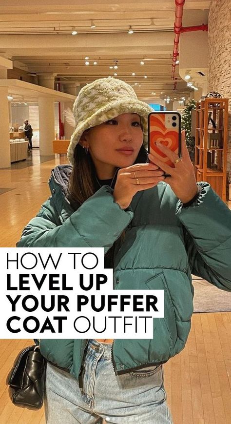 These puffer coat outfit ideas will take cozy and cute to the next level. #style #ootd #fashion Short Puffer Outfit, Winter Fashion Puffer Jacket, Casual Puffer Jacket Outfit, How To Style Puffer Jacket Women, Short Puffer Jacket Outfit Winter Style, Winter Female Outfits, Styling A Puffer Jacket, Puffer Jacket Outfit Green, Puffer Outfits For Women