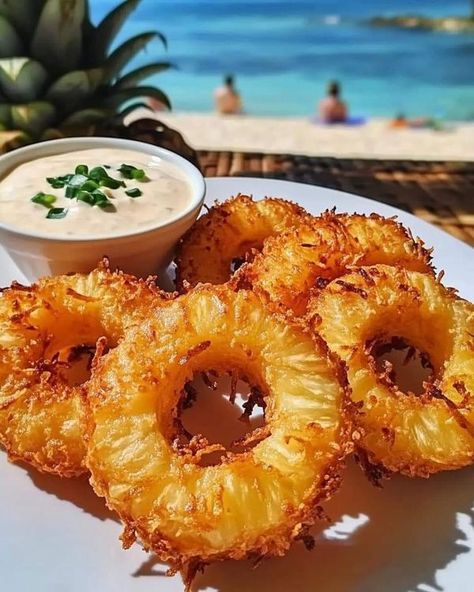 Fried Pineapple Rings, Coconut Dipping Sauce, Fried Pineapple, Creamy Coconut Sauce, Cheesy Potato Gratin, Easy Dipping Sauce, Delicious Chicken Salad, Baked Pineapple, Fruit Ideas