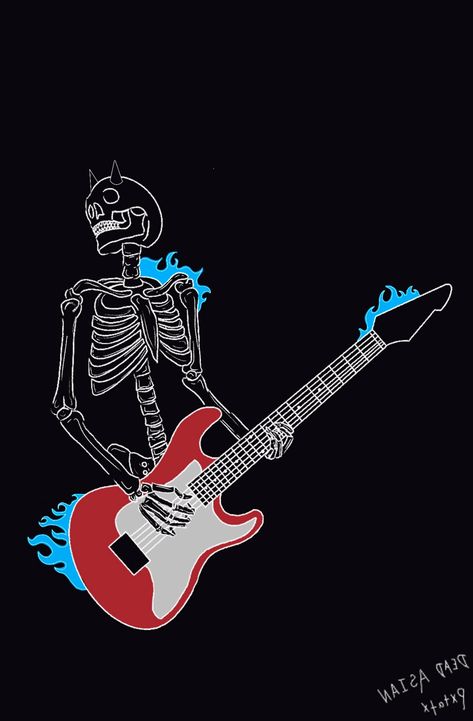 Inspired by rock I have created a drawing of a skeleton playing a red guitar. Band Profile Pictures, Guitar Posters Aesthetic, Guitar Profile Picture, Anime Guitar Wallpaper, Music Profile Picture, A Good Profile Picture, Guitar Pfp, Skull Playing Guitar, Skeleton Listening To Music