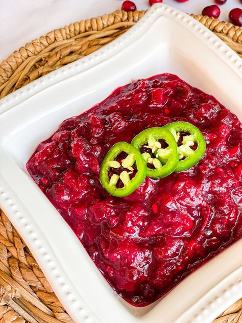 Sweet & Spicy Jalapeno Cranberry Sauce - Charlotte Shares Healthy Food Recipes Easy, Butternut Squash Bacon, Easy Healthy Food, Track Food, Cranberry Jalapeño, Cranberry Salsa, Jalapeno Sauce, Food Recipes Easy, Dairy Free Cream Cheese