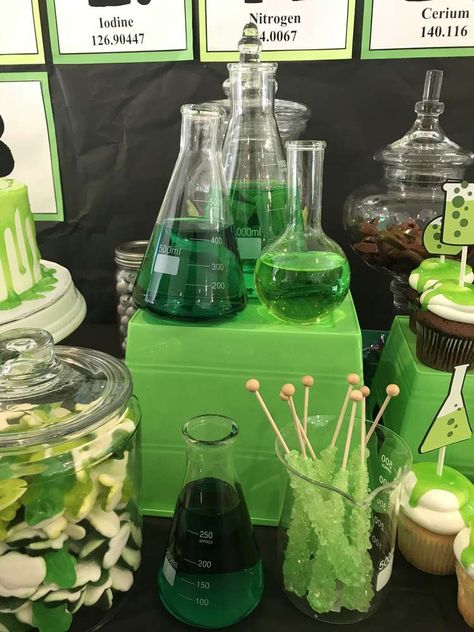 Mad Science Lab Birthday Party Ideas | Photo 6 of 22 | Catch My Party Laboratory Party Ideas, Green Aesthetic Science, Science Lab Birthday Party, Mad Science Halloween Party, Biology Grad Party, Alien Halloween Party Ideas, Rick And Morty Party Decorations, Alien Party Theme, Alien Birthday Party Ideas