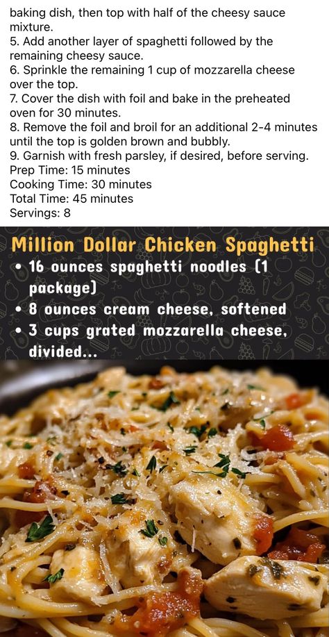 Million Dollar Chicken, Spaghetti Noodles, Chicken Spaghetti, Cheesy Sauce, Fresh Parsley, Mozzarella Cheese, Cooking Time, Mozzarella, Baked Dishes