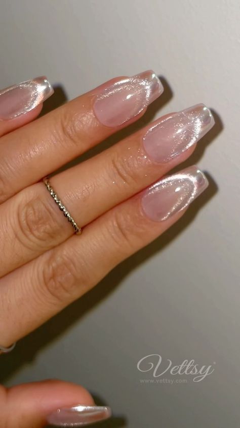 Cat Eye Nails Clear, French Tip With Shimmer, Cat Eye Gel French Tip, Glassy Cat Eye Nail, Pink And White Cat Eye Nails, Pretty And Simple Nails, Bridal Cat Eye Nails, Pedicure Cat Eye, Cat Eye With French Tip Nails