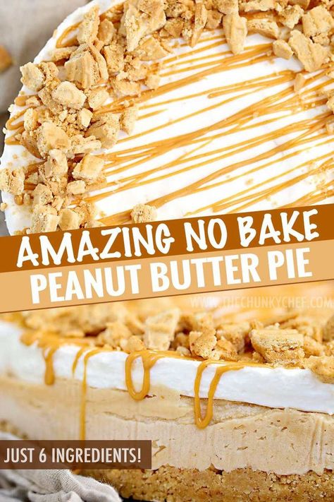 A true peanut butter lovers' dream, this easy no bake peanut butter pie is made with just 6 ingredients!  The nutter butter crust is unbelievable! #nobake #dessert #peanutbutter #nutterbutter #pie #easyrecipe #easydessert Frozen Chocolate Pie, Peanut Butter Pie No Bake, Nutter Butter Crust, No Bake Peanut Butter Pie, Pie No Bake, The Chunky Chef, Chunky Chef, Butter Crust, No Bake Peanut Butter