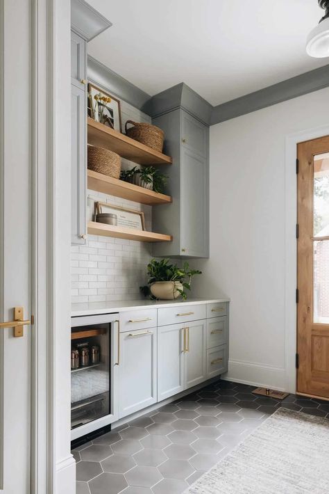 French Style Architecture, Transitional Laundry Room, Light Gray Cabinets, Beverage Fridge, Home Bar Design, Hearth Room, Oak Shelves, Beautiful Home Designs, Transitional House