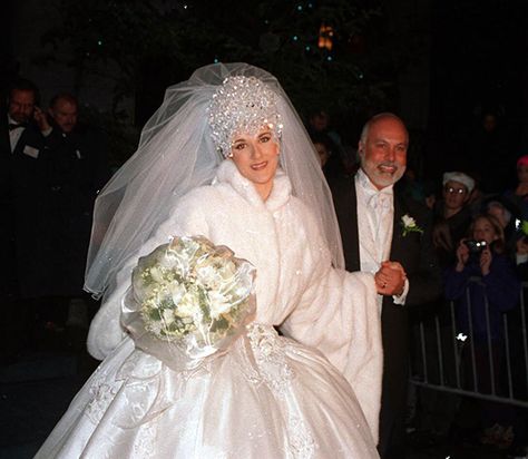 Celine Dion's crystal-studded wedding dress took 1000 hours to make | HELLO! Celine Dion Wedding, Celine Dion Sons, Famous Wedding Dresses, Celebrity Bride, Iconic Weddings, Celebrity Wedding Dresses, Weddings By Color, Wedding Winter, Famous Couples