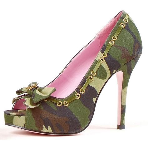 Camo High Heels, Camo Heels, Army Shoes, Camo Shoes, Camo Wedding, Peep Toe Shoes, Bow Shoes, Cute Shoes, High Heel Shoes