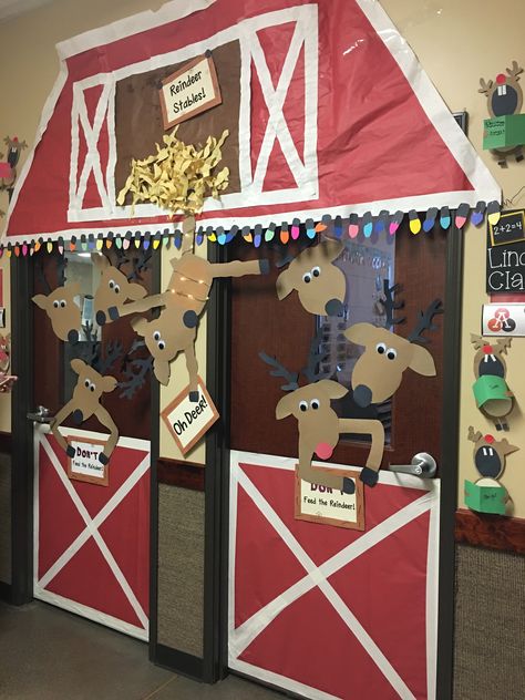 Santa’s Reindeer Stable, Oh Deer Door Decoration, Reindeer Stables Hallway Decoration, Reindeer Classroom Door Decorations, Oh Deer Christmas Door, Diy Reindeer Stable, Reindeer Cubicle Decor, Reindeer Hallway Decorations, Christmas Tree Farm School Hallway