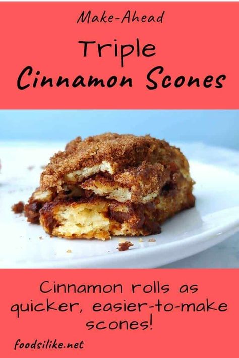 Triple Cinnamon Scones are easy cinnamon rolls in scone form! This easy-to-follow recipe makes delicious, moist cinnamon scones with a crunchy exterior. Made with cinnamon chips, a cinnamon filling layer, and cinnamon sugar topping (and optional glaze!), they're better than a bakery's! #cinnamon #scones #foodsilike Scones Breakfast, Easy Cinnamon Rolls, Cinnamon Filling, Scone Recipes, Cinnamon Scones, Scones Recipe Easy, Cinnamon Rolls Easy, Cinnamon Chips, Fry Bread