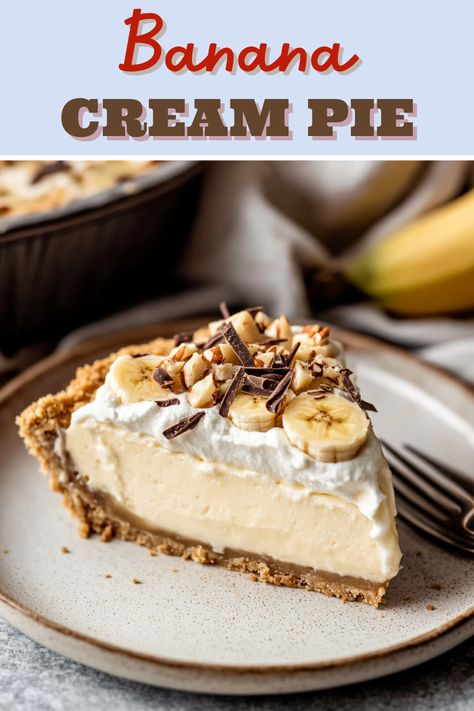 This rich and creamy banana cream pie features homemade banana-infused pudding and a billowy layer of sweet whipped cream. It's almost too good to share! Banana Bread Pie, Best Banana Pie Recipe, Banana Creme Pie Recipe, Jello Banana Cream Pie Recipe, Vanilla Pudding Pie Recipes, Cream Pie Filling Recipes, Banana Pie Recipe Easy, Easy Thanksgiving Pies Recipes, Banana Cream Pie Recipes