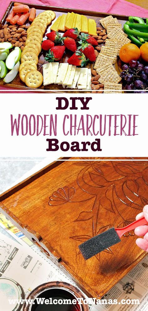 Cheese Board Diy, Wooden Charcuterie Board, Charcuterie Board Diy, Diy Playbook, Wooden Food, Woodburning Projects, Diy Tray, Tray Diy, Garden Crafts Diy