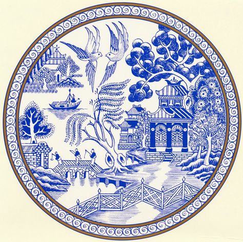 'Two birds flying high,  A Chinese vessel, sailing by.  A bridge with three men, sometimes four,  A willow tree, hanging o'er.  A Chinese t... Chinoiserie Plate, Blue Willow China Pattern, A Willow Tree, Blue Willow Dishes, Blue Willow China, Carved Eggs, Chinese Temple, Blue White Decor, Plain Jane