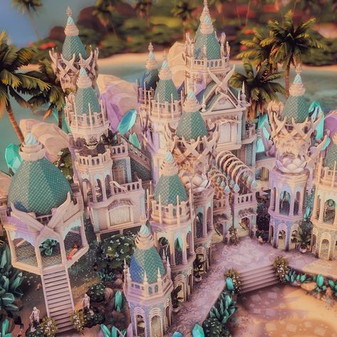 🧜🌴 Sulani Mermaid Temple 🌴🧜‍♀️ The holy Mermaid Temple is surrounded by white rocks and large palm trees. All around, the mermaids splash around in the water, enjoy the sun, lie in the warm sand and enchant listeners with their lovely singing. In this sacred place all mermaids meet, their iridescent scales glitter in the sun and their breathtaking sight beguiles mortals. But be warned, this place is only for magical creatures, anyone who went to the temple never came back... This build is i... Sims 4 Mermaid Castle, Sims 4 Magical House, Sims 4 Cruise Ship, Sims 4 Mermaid House, Mermaid Village, Fantasy Mansion, Bloxburg Wallpaper, Mermaid Palace, Book Locations