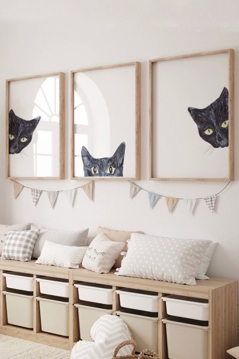 Black cat peeking cute funny kids room decor #cat #kitten #black #nursery #gift #decor #poster #print #watercolor Black Cat Nursery Theme, Kitty Nursery Theme, Black Cat Nursery, Cat Themed Room Decor, Kitten Nursery Ideas, Poster Ideas For Room Decor, Pet Themed Nursery, Cat Theme Bedroom, Kid Room Paint Ideas