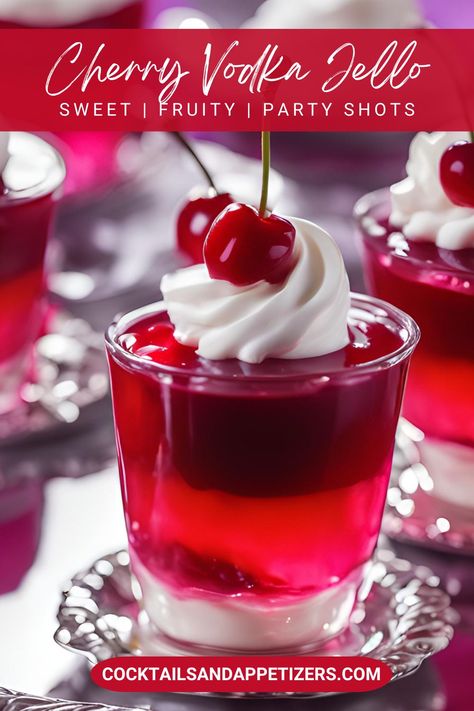 Cherry Jello, whipped cream vodka and maraschino originale meet for this boozy party treat. Easy recipe makes pretty red colored jello shots you can garnish with gold sprinkles. Adults only jello shots for Christmas party drinks, spring flings and summer pool party drinks. Shots For A Crowd, Black Cherry Jello Shots, Christmas Party Shots, Red Jello Shots, Cherry Shots, Cherry Vodka Drinks, Jello Shots Recipes, Vodka Jello Shots, Black Cherry Jello