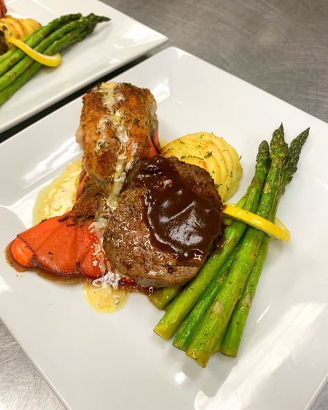 Lobster Surf And Turf, Surf And Turf Plating, Valentines Steak, Mashed Potatoes And Asparagus, Chef Plating, Wedding Entrees, Potatoes And Asparagus, Steak And Lobster, Valentines Dinner