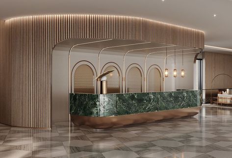 Art Deco Reception, Store Counter Design, Art Deco Entrance, Art Deco Hotel, Hotel Lobby Design, Store Counter, Reception Counter, Hotel Reception, Jewellery Showroom