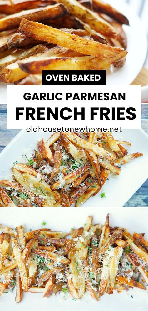 Oven Baked Garlic Parmesan Seasoned French Fries. This Easy Baked Garlic Parmesan French Fries are the absolute best seasoned homemade fry recipe. Homemade Fries In Oven, Seasoned French Fries Recipe, Garlic Parmesan French Fries, Crispy Baked French Fries, Parmesan Fries Recipe, Seasoned French Fries, Oven Baked Garlic, Garlic French Fries, Oven French Fries