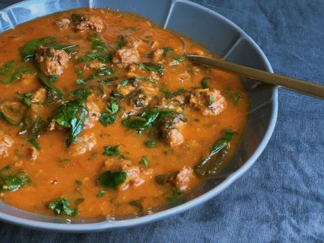 Sweet Potato, Spinach and Mexican Chorizo Soup Recipe | Alejandra Ramos | Food Network Chorizo Soup Recipes, Chorizo Soup, Potato Spinach, Mexican Chorizo, Chorizo Recipes, Sweet Potato Spinach, Chorizo Sausage, Soup And Stew, Spinach Stuffed Chicken