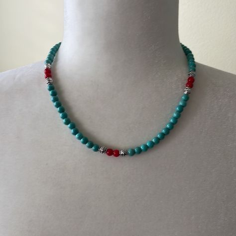 Handmade Necklace Is Made With Turquoise Colored Magnesite, Red Coral And Silver Plated Beads Approximately 18” 6mm Turquoise Colored Magnesite 5mm Red Coral Decorative Silver Plated Barrel Beads Silver Plated Lobster Clasp And Findings Handcrafted By Me Gift Boxed, Ready To Wrap I Always Ship Same Day Or Next Business Day Custom Orders Are Always Welcome Any Questions Please Ask! Women’s Jewelry Women’s Necklaces Choker Bohemian Hippie Earthy Gypsy Boho Southwestern Native American Tribal Coast Turquoise Jewelry Necklace, Jewelry Pictures, Turquoise Necklaces, Handmade Statement Necklace, Necklaces Choker, Red Beaded Necklaces, Native Design, Chic Necklace, Turquoise Bead Necklaces