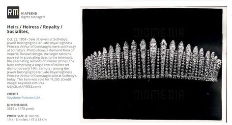 Meanwhile, the Duchess of Connaught's diamond fringe tiara was sold via Sotheby's in 1959. she's referred to in the article as 'Princess Arthur'. Her fringe tiara sold for £4,200. Fringe Tiara, Diamond Tiara, Picture Credit, Royal Jewels, Tiara