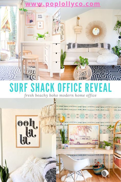 Surf Shack inspired boho home office with fresh beachy decor featuring lots of macrame, plants, tie dye wallpaper, and rattan #rattan #rattandecor #hangingplants #tiedye #wallpaperideas #shibori #surfshack #bohodecor #bohohomeoffice #homeofficeideas #homeoffice Boho Office Storage, Boho Office Decor At Work, Surf Office, California Surf Shack, Beachy Office, Beach Home Office, Charleston Houses, Coastal Rooms, Boho Home Office