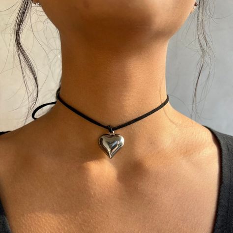 Puffed Heart Charm Necklace/ Wrap Around Heart Necklace/ Long Black Cord Wrap Tie Choker Necklace/Stainless Steel Puff Heart Pendant/ Gift Choker Necklace With Pendant, Black Leather Cord Necklace, Silver Heart Necklace Black Cord, Cord Necklace With Pendant, String Choker Necklace, Chocker Neckless Aesthetic, Heart Cord Necklace, Black String Necklace With Pendant, Cord Pendant Necklace