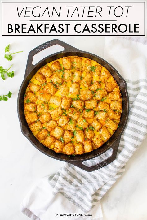 This Vegan Tater Tot Breakfast Casserole is loaded with vegan eggs, vegan sausage, tempeh bacon and veggies. The perfect vegan brunch or meal prep breakfast | ThisSavoryVegan.com #thissavoryvegan #veganbrunch #vegancasserole Tot Breakfast Casserole, Tater Tot Breakfast Casserole, Tempeh Bacon, Vegan Casserole, Tater Tot Breakfast, Breakfast Meat, Prep Breakfast, Vegan Brunch, Breakfast Casserole Easy