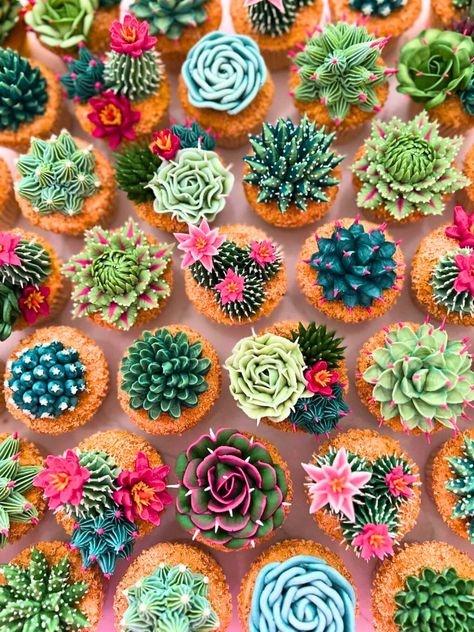 Cacti and succulent cupcakes Mexican Flower Cupcakes, Plant Cupcakes, Desert Birthday, Dirt Cupcakes, Bachelorette Cupcakes, Succulent Wedding Cakes, Cactus Cupcakes, Mexican Cake, Succulent Cupcakes