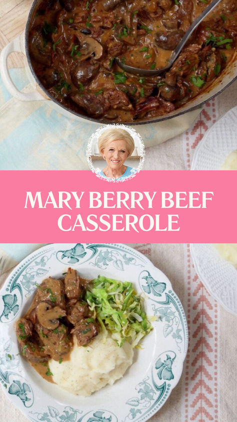 Mary Berry Beef Casserole Mary Berry Baking, British Food Traditional, Savoury Meals, British Baking Show Recipes, Chestnut Mushrooms, Chef Dishes, Mary Berry Recipe, Famous Chef, Food Beef