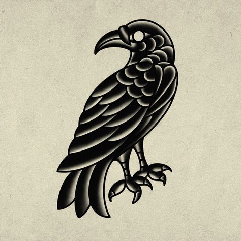 Traditional Tattoos Goth, Crow Tattoo Traditional, Raven Traditional Tattoo, American Traditional Raven, American Traditional Crow, Bird Traditional Tattoo, Traditional Crow Tattoo, American Classic Tattoo, Traditional Tattoo Black And Grey