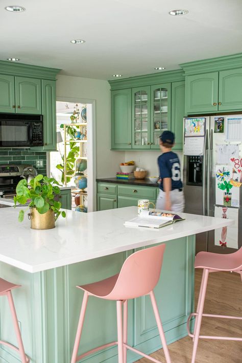 We gave our kitchen a colorful green budget makeover and I couldn't love it more! New counters, new sink, new backsplash and paint! Mint And Pink Kitchen, Kitchen Ideas Colorful, Pastel Green Kitchen, Colorful Kitchen Cabinets, Victorian Kitchen Remodel, Pink And Green Kitchen, Maximalist House, Condo Makeover, Kitchen Cabinet Inspiration