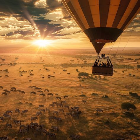 Hot Air Balloon Safari: Soaring Over the Serengeti🎈🌅 Experience the Serengeti from a whole new perspective with a breathtaking hot air balloon safari. As the sun rises, drift peacefully over the endless plains, spotting herds of wildebeest, zebras, and elephants from above. 🦓🐘 The panoramic views of the vast landscape and wildlife moving below create a magical and unforgettable adventure in the heart of Tanzania. 🌍✨ Join Easy Travel Tanzania for a hot air balloon safari and witness the Ser... Kenya Hot Air Balloon, Masai Mara Hot Air Balloon, Serengeti Hot Air Balloon, Africa Safari Aesthetic, Safari Hot Air Balloon, Travel Tanzania, Safari Landscape, Serengeti Safari, Africa Landscape