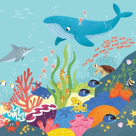 Cute Fish Illustration, Undersea Illustration, Sea Animals Illustration, Under The Sea Drawing, Sea Animal Illustration, Under The Sea Illustration, Under The Sea Drawings, City Under The Sea, Underwater Illustration