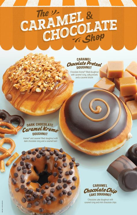 Krispy Kreme Caramel and Chocolate Shop treats include these delicious doughnut varieties: Caramel Chocolate Chip Cake, Caramel Chocolate Pretzel, and Dark Chocolate Caramel Kreme. Caramel Donut, Caramel Doughnuts, Chocolate Caramel Pretzels, Donut Flavors, Dark Chocolate Caramel, Donut Dessert, Chocolate Chip Cake, Doughnut Cake, Caramel Chocolate