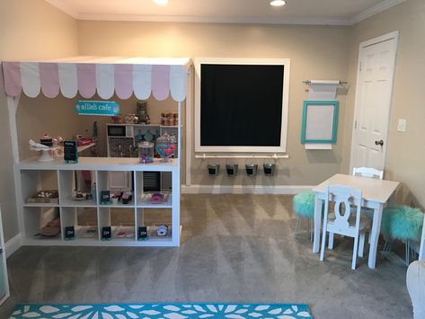 Playroom Ideas. Kids cafe. Kids kitchen play area. Kids art area. Chalkboard Kids Art Area, Kitchen Play Area, Ikea Playroom, Small Playroom, Modern Playroom, Toy Room Decor, Kids Cafe, Girls Playroom, Toddler Playroom