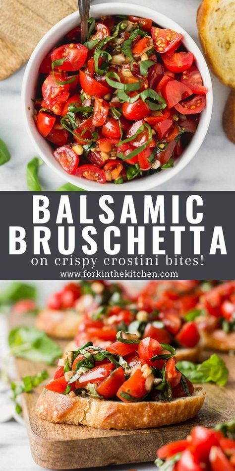 This homemade balsamic tomato bruschetta recipe is so fresh! Add high-quality balsamic vinegar to ripe cherry tomatoes, garlic, shallot, fresh basil, and top onto crispy crostini for a quick and easy appetizer. Ready in just 15 minutes! Tomato Basil Crostini, Tomato Balsamic Bruschetta, Bruschetta Recipe Cherry Tomatoes, Coopers Hawk Bruschetta Recipe, Tomato Bruschetta With Garlic And Basil, Bruschetta With Cherry Tomatoes, Cherry Tomato Bruschetta Recipe, Fresh Bruschetta Recipe, Bruschetta Recipe Easy