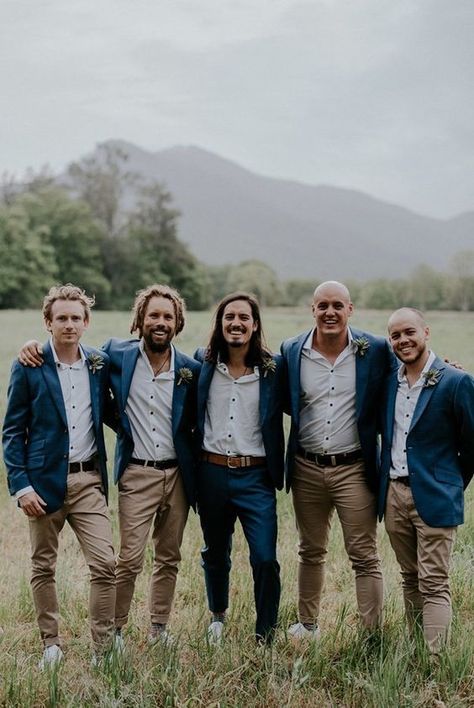 7 Ways to Make Sure Your Guy Gets Into Wedding Planning Dusty Blue And Khaki Groomsmen, Casual Groom Attire Navy Blue, June Groomsmen Attire, Navy Jacket Tan Pants Wedding, Blue Jacket Tan Pants Wedding, Navy Groomsmen Attire Casual, Blue Groomsmen Attire Casual, Groomsmen Attire Cocktail, Father Of Bride Attire Casual