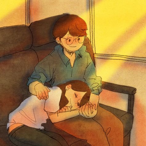 ♥ TRAIN ~ I’m happy to watch over her while she sleeps… ♥ by Puuung at www.facebook.com/puuung1 ♥ Puuung Love Is, Love Cartoon Couple, Cute Couple Comics, Arte 8 Bits, Cute Couple Drawings, Couple Illustration, Cartoons Love, Cute Love Cartoons, Love Illustration