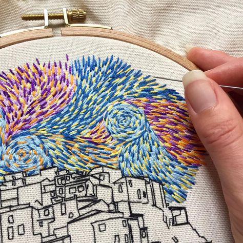 American Traditional Tattoo Ideas, First Youtube Video, Traditional Tattoo Ideas, Van Gogh Inspired, Abstract Embroidery, A Sky, American Traditional Tattoo, Hand Embroidery Art, Easy Sewing Patterns