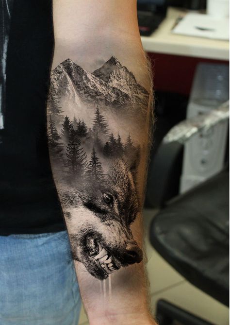 Nature Rib Tattoo Men, Wolf Forest Tattoo Design Sleeve, Nature Themed Sleeve Tattoo Men, Lake Tattoos For Men, Unusual Tattoo Ideas Men, Wilderness Tattoos For Men, Wolf And Trees Tattoo Design, Bear Forest Tattoo, Wolf And Forest Tattoo