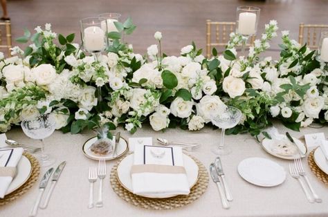 Floral Table Runners Wedding, Floral Runner Wedding, Green And White Centerpieces, Tall Flower Centerpieces, Flower Runner Wedding, White Centerpieces, Flower Runner, Table Garland, Romantic Wedding Receptions