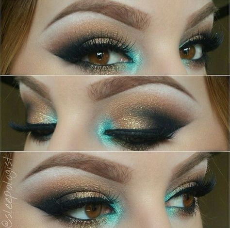 Teal, gold and black eyeshadow Jasmine Makeup, Black Eyeshadow, Mermaid Makeup, Blue Eyeshadow, Makeup Goals, Kat Von D, Prom Makeup, Make Me Up, Eye Make