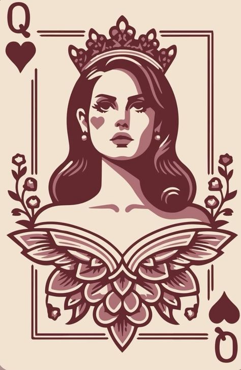 Cartoon Queen Of Hearts, Queen Of Hearts Card Art, Queen Of Hearts Playing Card Art, Queen Card Art, Queen Of Hearts Wall Art, Aethstetic Prints, Queen Aesthetic Drawing, Queen Of Hearts Design, Queen Of Hearts Card Aesthetic