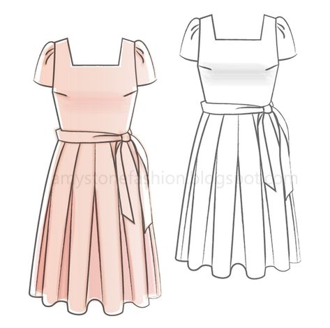 Fashion Flats Sketches: Box Pleats Dress Fashion Flat Template 0155 Box Pleat Dress, Pleats Fashion, Dress Illustration, Fashion Illustrations Techniques, Flat Sketches, Dress Drawing, Drawing Clothes, Fashion Design Sketches, Dress Sewing Pattern