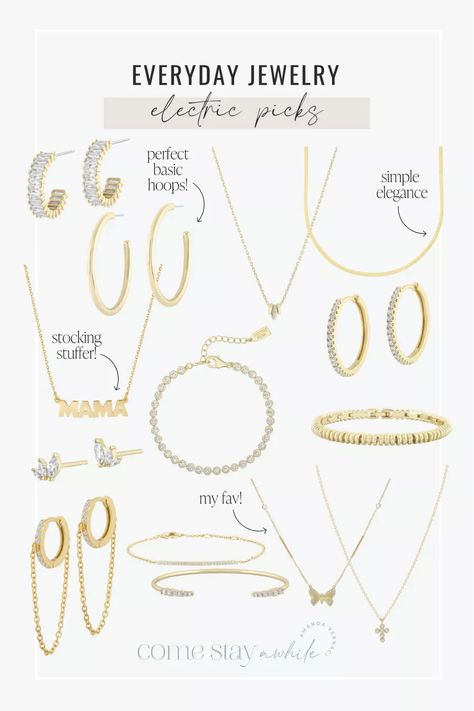 Obsessed with these jewelry staples from Electric Picks! Classic gold jewelry finds from bracelet to necklaces and earrings. Bangle bracelets, shiny gold hoops, simple gold necklaces. Womens style finds. Fashion for moms. Mom fit. Carpool outfit ideas. Workwear for the stay at home mom or work from home outfit ideas. Jewelry staples for her. Best gifts for moms and daughters. Carpool Outfit, Old Money Jewellery, Simple Gold Necklaces, Classic Gold Jewelry, Work From Home Outfit Ideas, Home Outfit Ideas, Full Wardrobe, Moms And Daughters, Work From Home Outfit