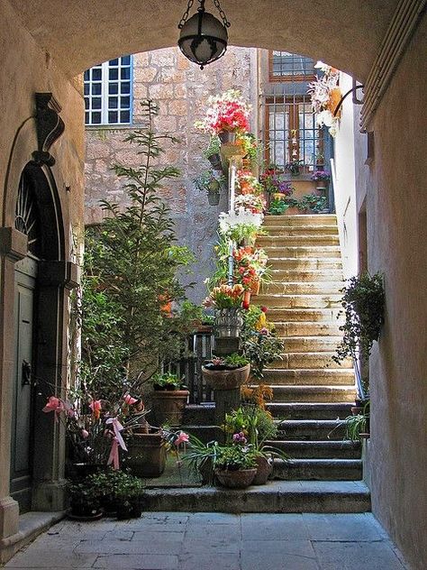 Stairs, Saint Paul de Vence, France photo via misha Cozy Backyard, Outdoor Canvas, Stairway To Heaven, Umbria, Geraniums, Dream Vacations, Beautiful World, Potted Plants, Provence