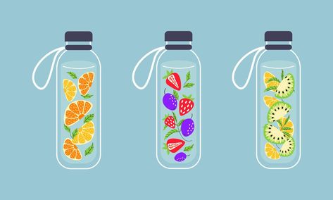 Fruit, berries infused water in glass reusable bottles. Detox, refreshment drink healthy water in jar. Cooling beverages, summer drinks. Sustainable lifestyle. Modern zero waste flat illustration. Water In Glass, Drink Healthy, Caffeine Drinks, Fruit Berries, Healthy Water, Trends For 2024, Reusable Bottle, Infused Water, Sustainable Lifestyle