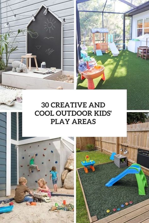 creative and cool outdoor kids' play areas cover Outdoor Playroom Ideas, Outside Daycare Ideas Play Areas, Outdoor Pretend Play Ideas, Mini Outdoor Play Area, Small Yard Play Area, Diy Kid Play Area Outside, Outdoor Play Space Ideas, Home Daycare Outdoor Play Area, Easy Diy Outdoor Play Area